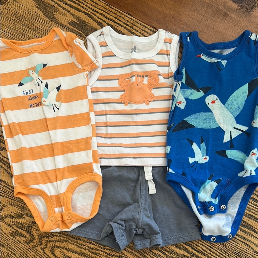 Set of Baby Bodysuits and Shorts in Orange, White, and Blue